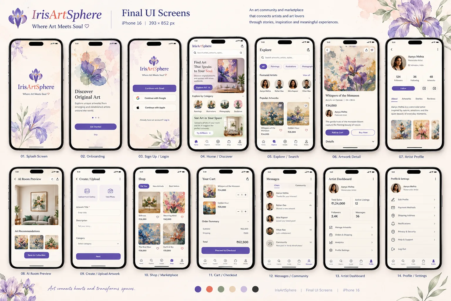Structured white IrisArtSphere final UI screens