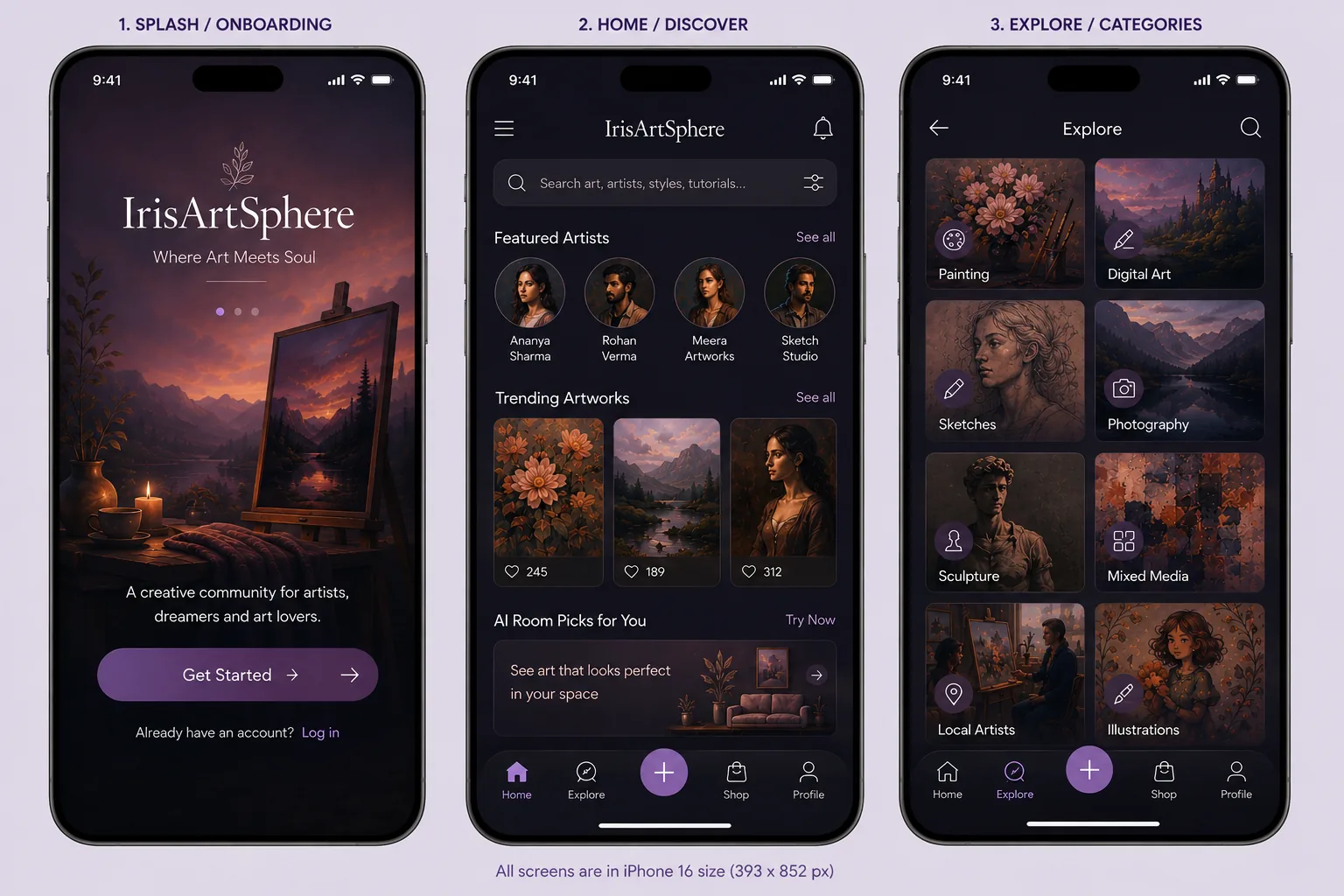 Three final IrisArtSphere mobile UI screens