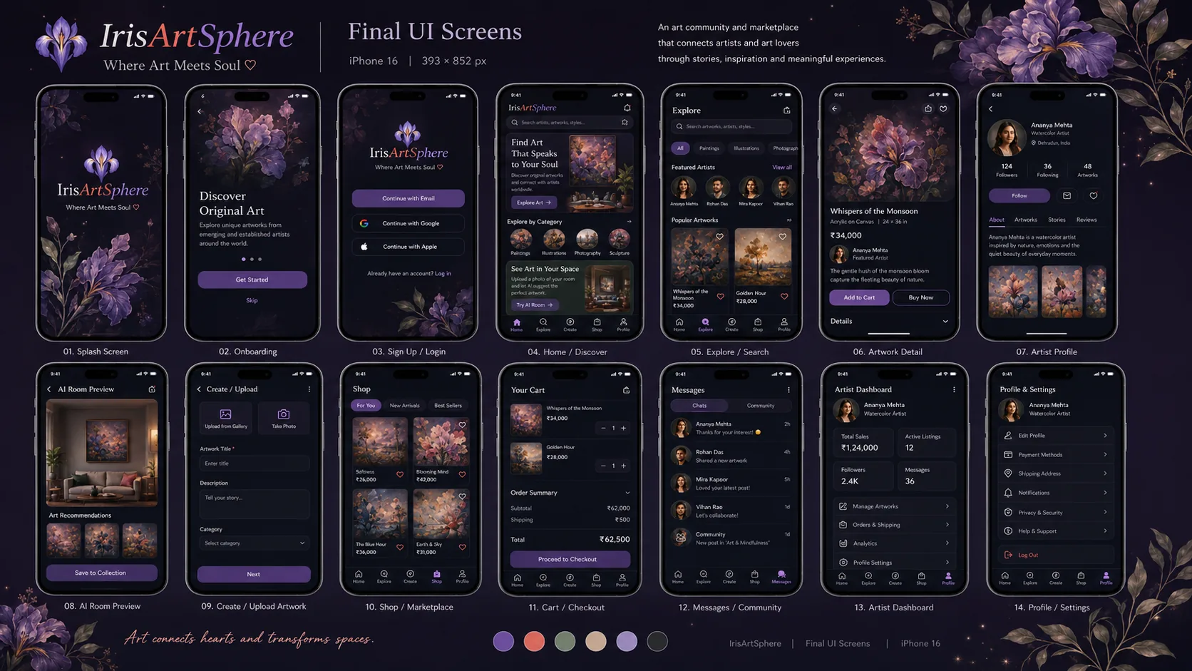 Structured dark IrisArtSphere final UI screens