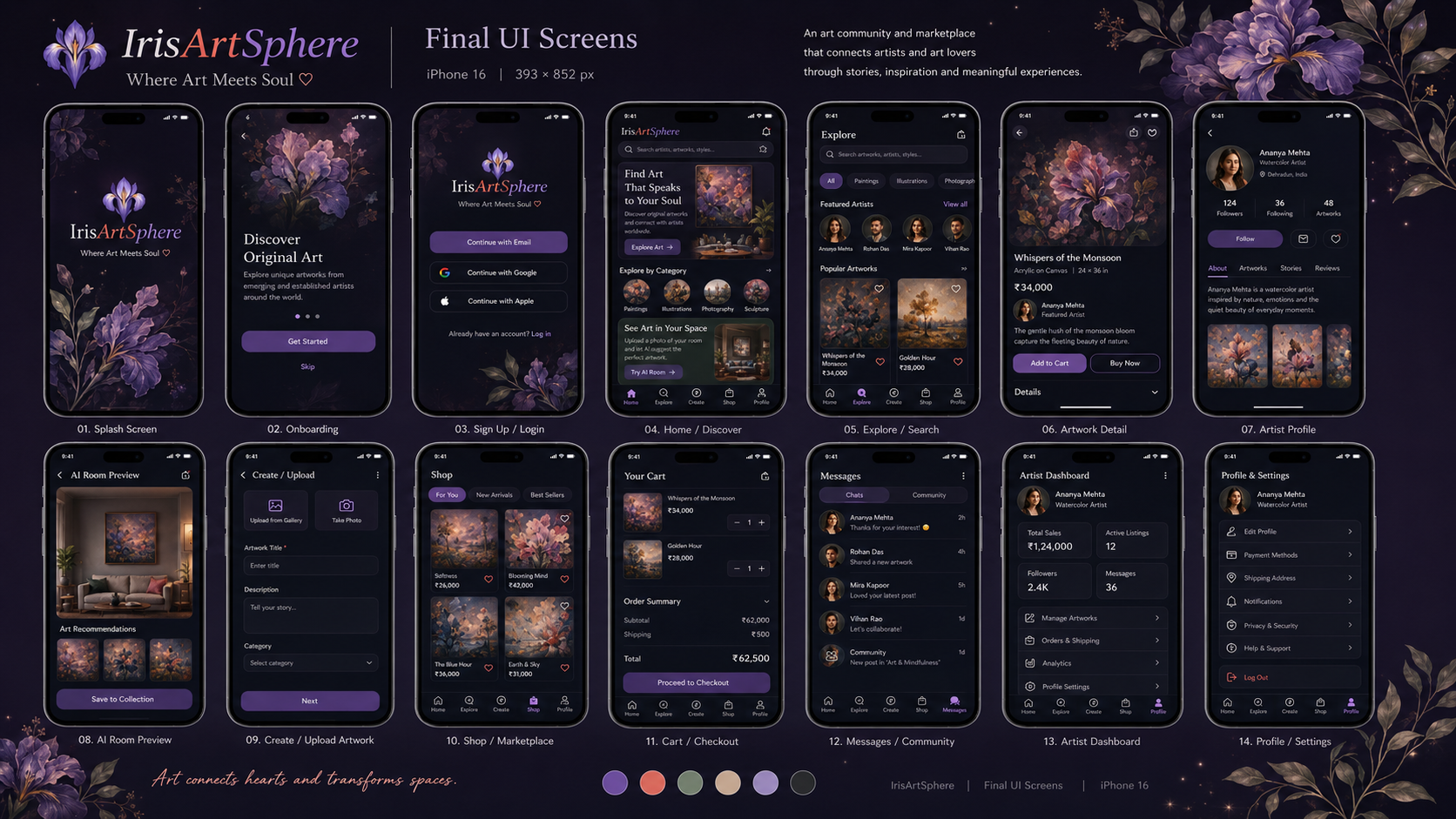 Dark treatment of IrisArtSphere app screens