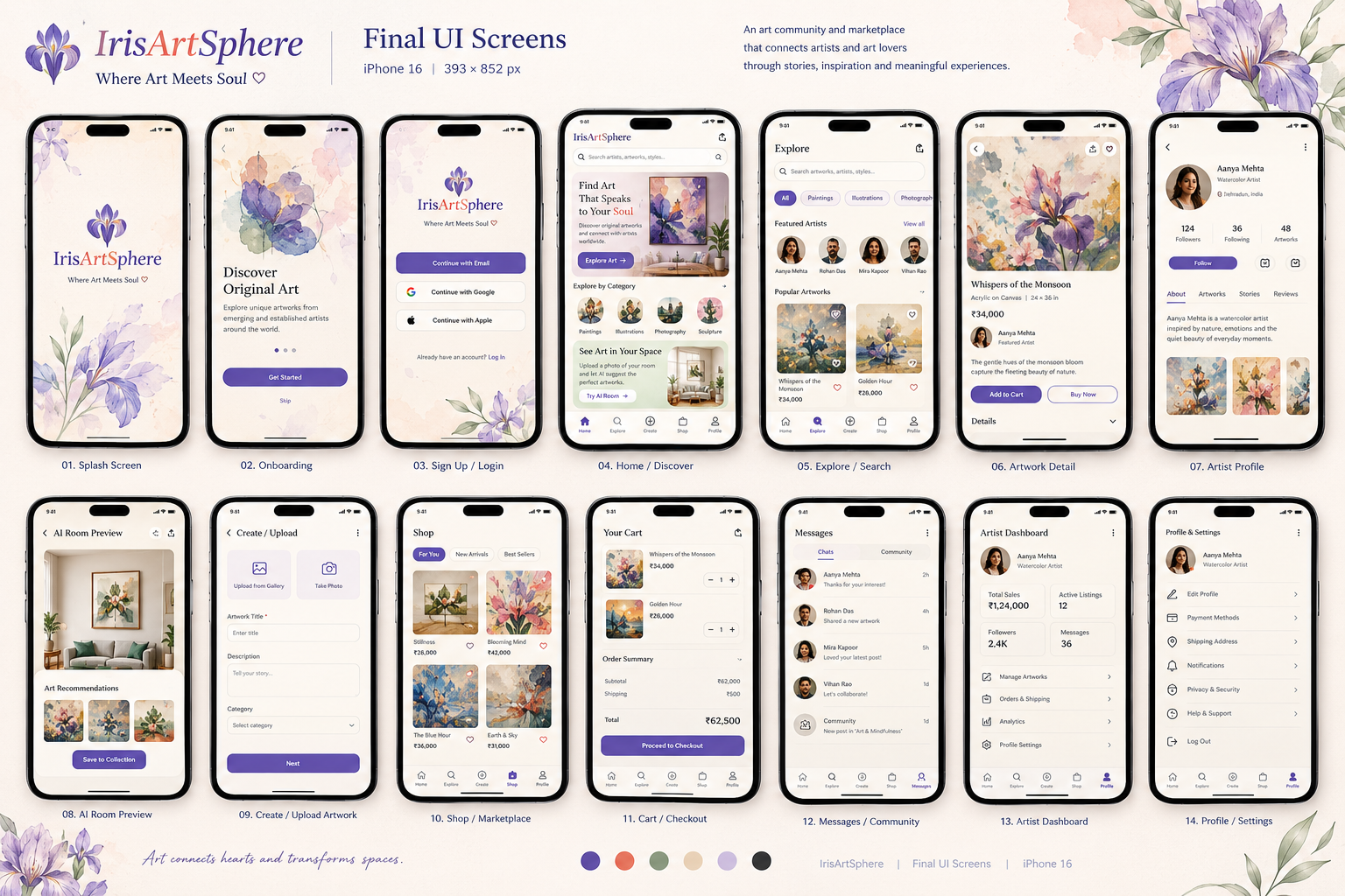 Fourteen IrisArtSphere light UI screens in two rows